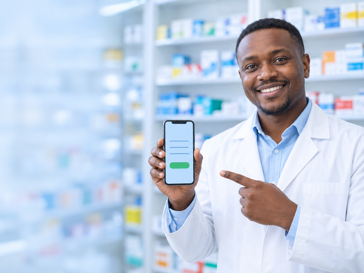A pharmacist in a bright, softly blurred community pharmacy